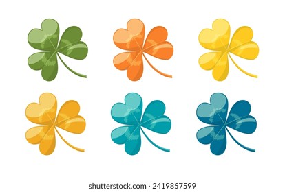 Icons of three leaves clover, colored shamrock. Symbol of luck, Ireland and St.Patrick day. Glossy green, blue, yellow and orange buttons in clover shape, vector set isolated on white background