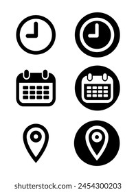 Iconos de hora, fecha, ubicación. Reloj, calendario y símbolo de la Dirección, simple conjunto de Vectores de estilo plano