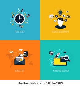 Icons for time is money, business development, newsletter and marketing research. Flat style. Vector