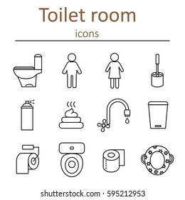 Icons Of The Toilet Room In The Style Of The Outline. Toilet, Paper, Shit, Trash, Air Freshener, Brush And A Faucet With Water. Vector Illustration.