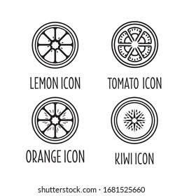 Icons of a tomato, orange, kiwi and a lemon. Round food image.