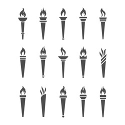 Icons Torch With Flame Isolated Vector Set. The Symbol Of Victory, Success Or Achievement. Silhouettes Of Various Medieval Flaming Torches.