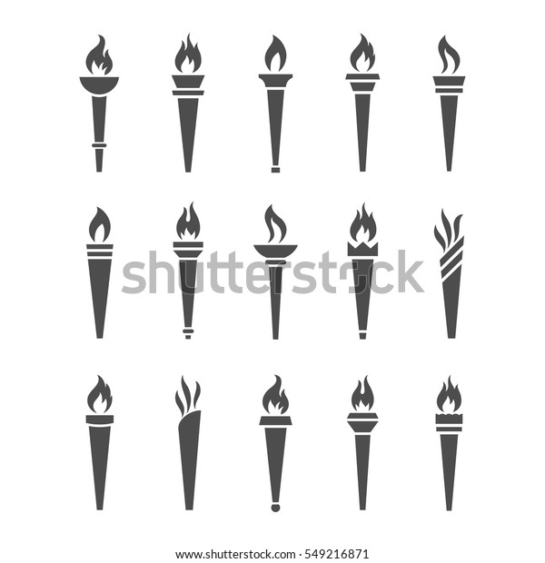 Icons torch with flame isolated vector set. The\
symbol of victory, success or achievement. Silhouettes of various\
medieval flaming\
torches.