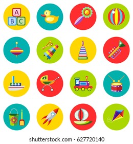Icons of toys in the flat style. Vector image on a round colored background. Element of design, interface. Stickers. Stikers