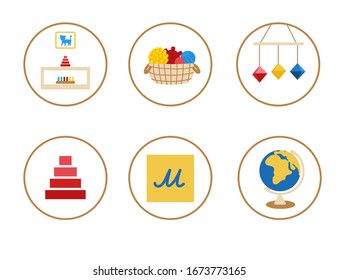 Icons with toys for preschool, kindergarten, web, school, blog. Elements with sensory materials: pyramid, animal silhouette, baby mobile, basket with balls, rough letters, globe.