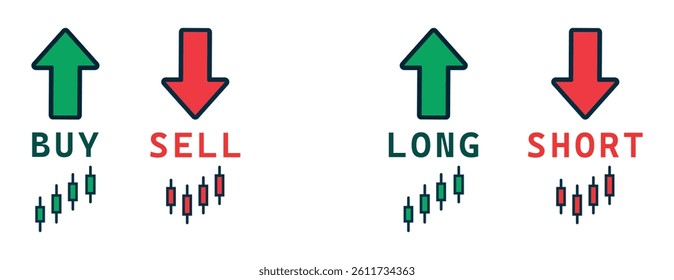 Icons for trading terms buy, sell, long, and short. Includes green and red arrows with candlestick chart symbols. Ideal for stock market, forex, and crypto visuals. Icons, vector, symbols.