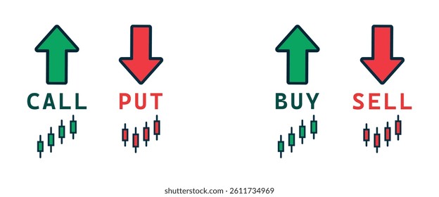Icons for trading terms call, put, buy and sell. Includes green and red arrows with candlestick chart symbols. Ideal for stock market, forex, and crypto visuals. Icons, vector, symbols.