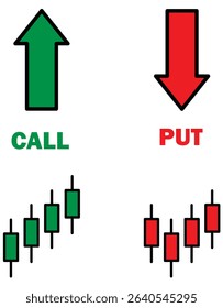Icons for trading terms call and put. includes green and red arrows symbols. Ideal for stock market, forex and crypto visuals. icons, vector, symbols.