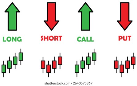 Icons for trading terms call ,put, buy, sell, short and long. includes green and red arrows symbols. Ideal for stock market, forex and crypto visuals. icons, vector, symbols.