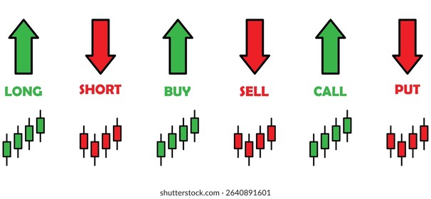Icons for trading terms call ,put, buy, sell, short and long. includes green and red arrows symbols. Ideal for stock market, forex and crypto visuals. icons, vector, symbols.