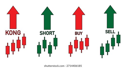 Los íconos para el comercio de Términos llaman, ponen, compran, venden, cortos y largos. Incluye símbolos de flechas verdes y rojas. Ideal para el mercado de valores, forex y gráficos criptográficos.