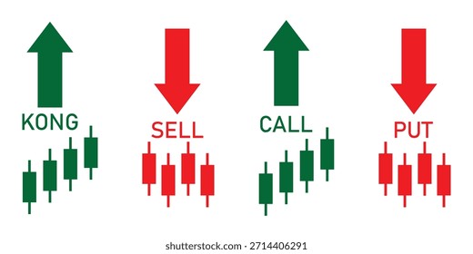 Los íconos para el comercio de Términos llaman, ponen, compran, venden, cortos y largos. Incluye símbolos de flechas verdes y rojas. Ideal para el mercado de valores, forex y gráficos criptográficos.