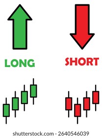 Icons for trading terms long and short. includes green and red arrows symbols. Ideal for stock market, forex and crypto visuals. icons, vector, symbols.