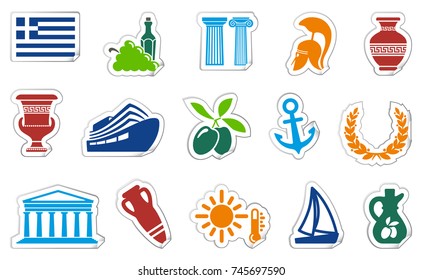 Icons with traditional Greek symbols on stickers