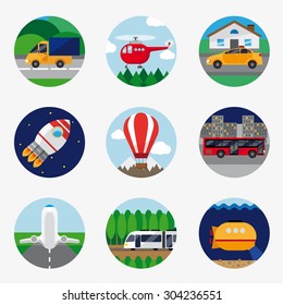 Icons transport. Nine icons of different types of equipment: cab, submarine, bus, plane, truck, balloon. Icons located on the limited range of backgrounds: forest, city, mountain, road.