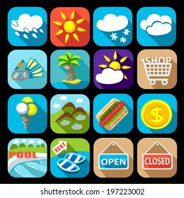 Icons for travel and tourism sites, stickers in hotels and hostels