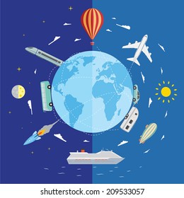Icons of traveling, planning vacation, tourism and journey objects.