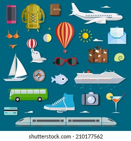 Icons of traveling, planning vacation, tourism and journey objects. Travel infographics with data icons and elements.