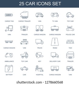 icons. Trendy 25 car icons. Contain icons such as cargo tag, cargo trailer, van, TV van, toy car, trailer, cargo wagon, police car, truck, road. car icon for web and mobile.