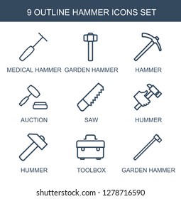 icons. Trendy 9 hammer icons. Contain icons such as medical hammer, garden hammer, auction, saw, hummer, toolbox. hammer icon for web and mobile.