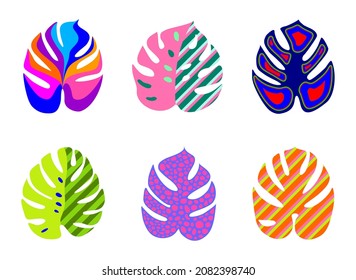 Icons with tropical palm leaves, monstera. Beautiful hand drawn exotic plants. Floral background. Monsters isolated on white background. Monstera leaves, jungle. Silhouette of monstera leaves
