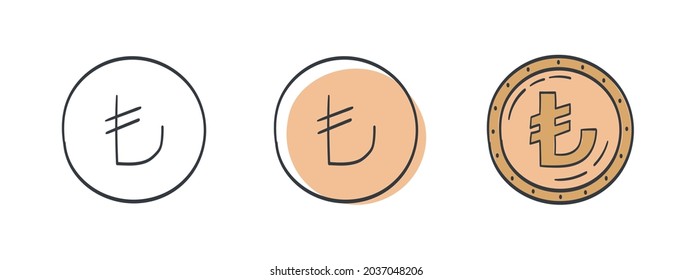 Icons of Turkish Lira. Painted symbol of the Lira. Symbols of the currencies of the world. Vector illustration
