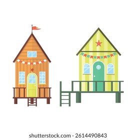 Icons of two beach houses with stairs isolated on white background. Coastal houses. Summer vacation.