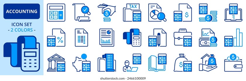 Icons in two colors  about accounting. Finances. Contains such icons as calculator, money, audit, tax, assets, revenue, payable, credit, expenditure and ledger. Editable stroke