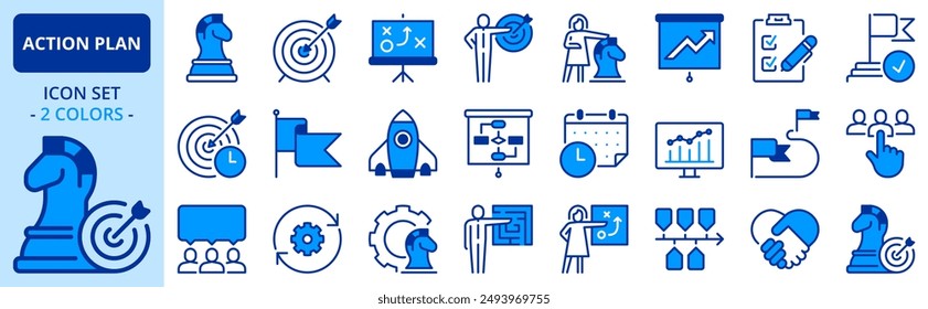 Symbole in zwei Farben über Action Paket. Enthält Symbole wie Suchstrategie, Ziel, Schema, Zeitachse und Workflow. Bearbeitbarer Strich. 