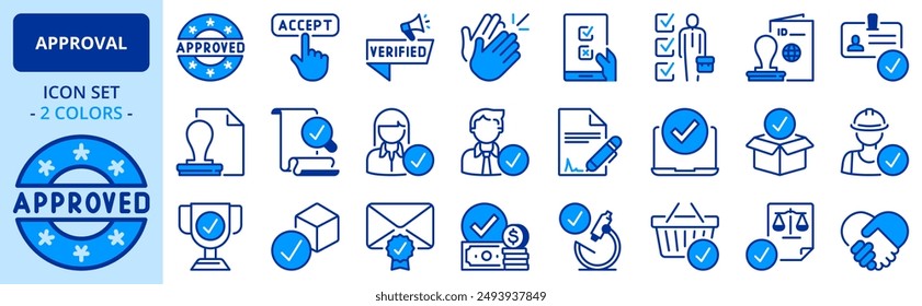 Icons in two colors about approval. Contains such icons as checked, approved, certified, accepted and validation. Editable stroke