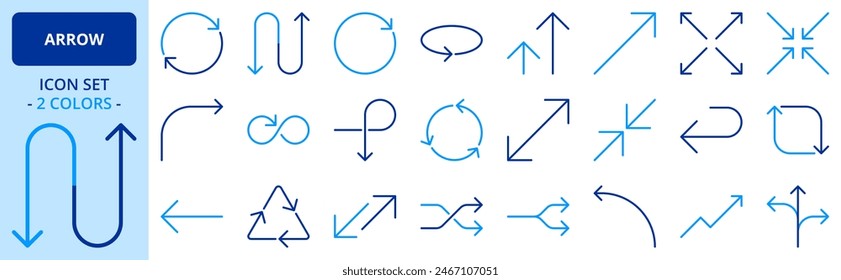 Symbole in zwei Farben über Pfeile. Interface-Elemente. Enthält Symbole wie Aktualisieren, Neu laden, Loop, Ecke, Drehen, Synchronisieren, Größe ändern, Übertragen und Zurückgeben. Bearbeitbarer Strich.