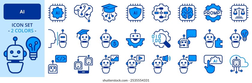 Ícones em duas cores sobre inteligência artificial. Contém ícones como IA, aprendizagem automática, algoritmo e conteúdo gerado. Traçado editável