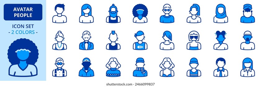 Icons in two colors  about avatar people. Contains such icons as elegant, modern, urban, geek, afro, punk,  hipster, rock, emo, classic and rap style. Editable stroke.