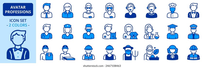 Icons in two colors about avatar professions. Contains such icons as businessman, police, chef, telemarketer, shopkeeper, waiter, doctor and veterinary. Editable stroke.