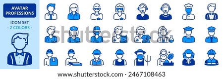 Icons in two colors about avatar professions. Contains such icons as businessman, police, chef, telemarketer, shopkeeper, waiter, doctor and veterinary. Editable stroke.