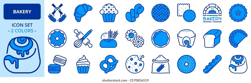 Icons in two colors about bakery products. Desserts, sweet food, bread, cookies, buns and pastries. Editable stroke