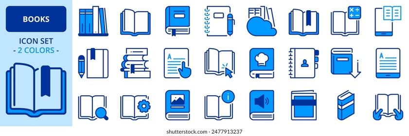 Icons in two colors about books. Contains such icons as ereader, reading, library, ebook, notebook, magazine, audiobook and guides. Editable stroke