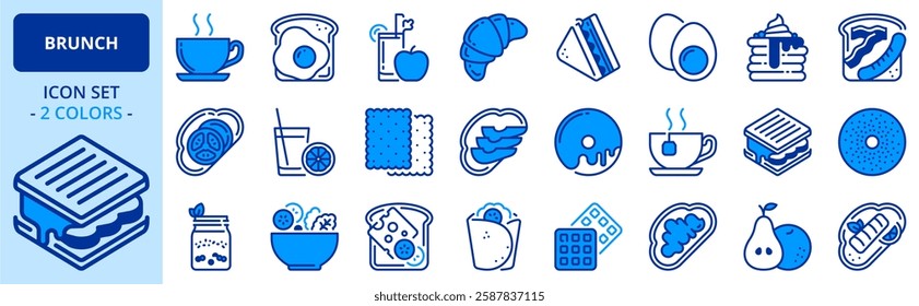 Icons in two colors about brunch. Contains such icons as fruit, yogur, toast, coffee, salad, sandwich and pancakes. Editable stroke.