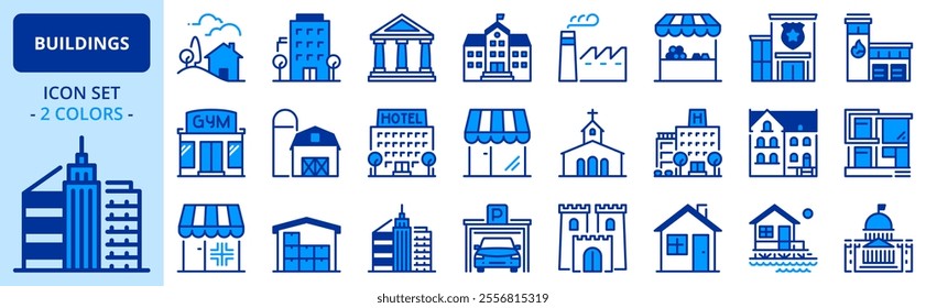 Icons in two colors about buildings. Architecture. Contains such icons as modern and classical house, school, store, bank, police, fire station, hospital. Editable stroke