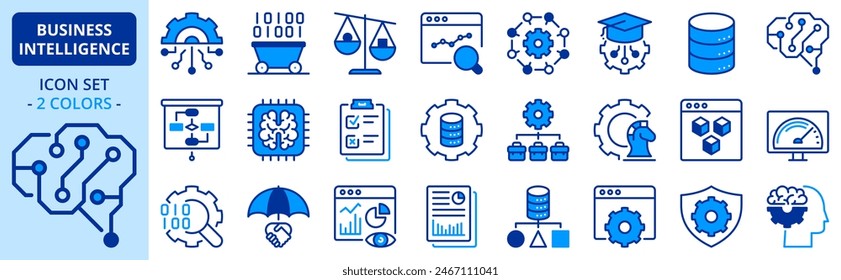 Icons in two colors about business intelligence. Contains such icons as management big data, analysis, reporting, benchmarking and machine learning. Editable stroke.