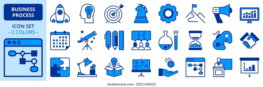 Icons in two colors about business process. Editable stroke. 