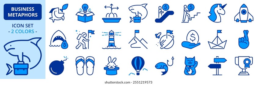 Icons in two colors about business and finances metaphors and idioms. Contains such icons as mission, vision, and success. Editable stroke