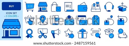 Icons in two colors about buy. Contains such icons as shopping cart, store, delivery, discount, shop online and payment methods. Editable stroke 