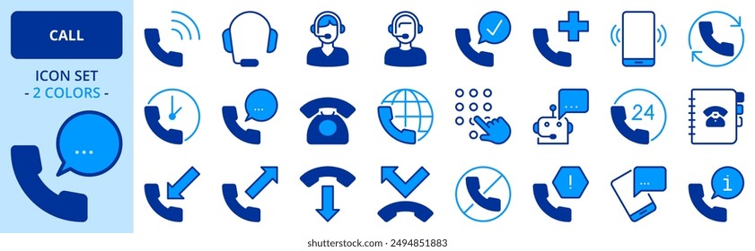 Icons in two colors about call. Contains such icons as support, call center, telephone and talking. Editable stroke. 