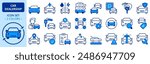 Icons in two colors about car dealership. Contains such icons as sales, renting, comparatives, vehicle features and maintenance. Editable stroke