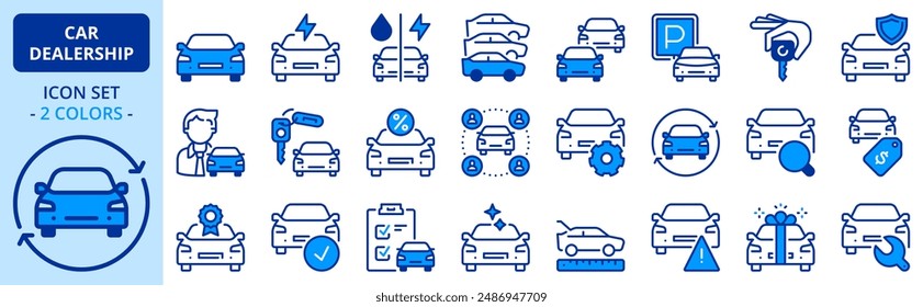 Icons in two colors about car dealership. Contains such icons as sales, renting, comparatives, vehicle features and maintenance. Editable stroke