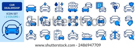 Icons in two colors about car dealership. Contains such icons as sales, renting, comparatives, vehicle features and maintenance. Editable stroke