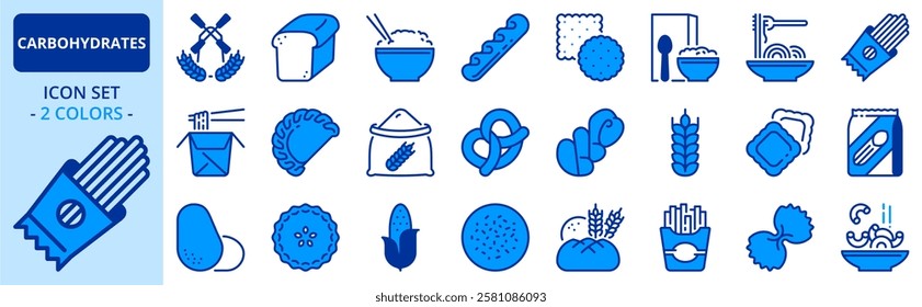 Icons in two colors about carbohydrates. Whole grain, potato, pasta and breads. Cereals such as corn, wheat, rice. Healthy food.  Editable stroke.