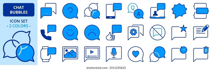 Symbole in zwei Farben über Chat-Blasen. Kommunikationskonzepte. Enthält Symbole wie Instant Messaging, Social Media, Video, Audio, Bilder und Emoji. Bearbeitbarer Strich