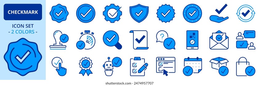 Icons in two colors about checkmark. Contains such icons as checked, approved, certified, accepted and validation. Editable stroke